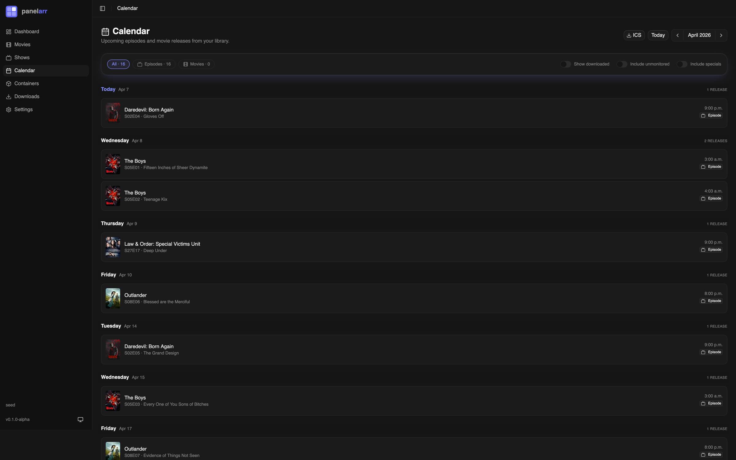 Panelarr calendar agenda view grouped by day with episodes and movies