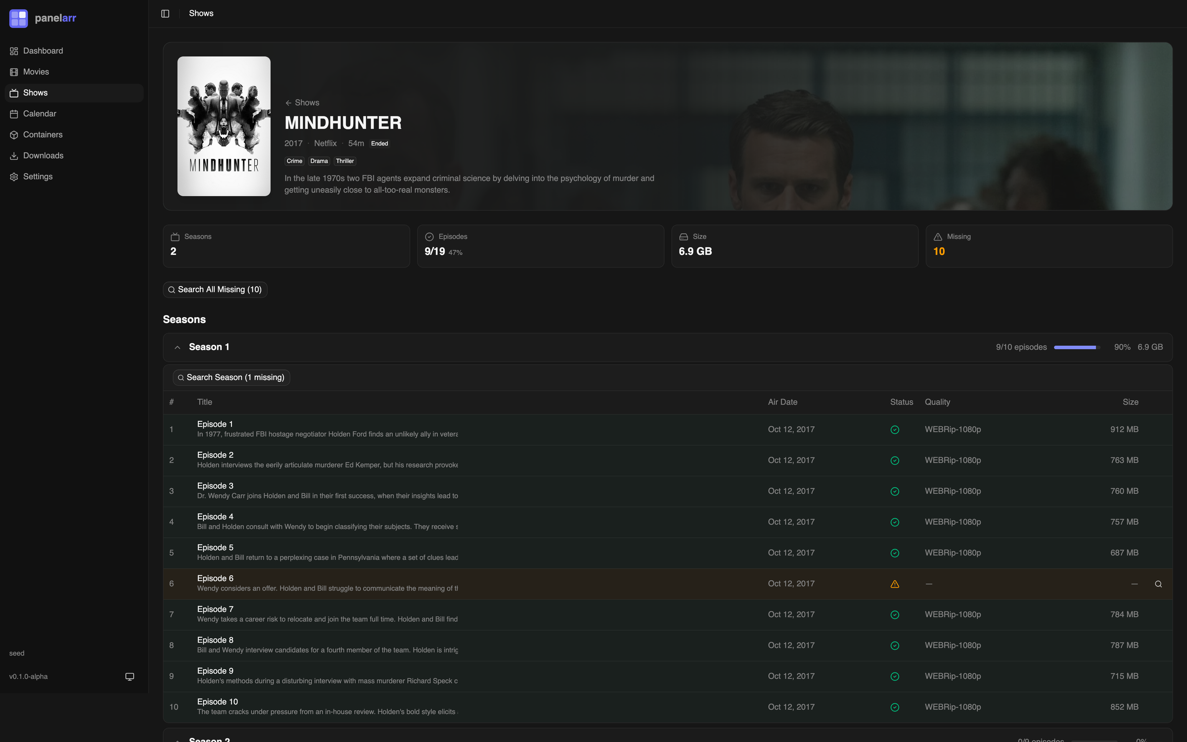 Panelarr show detail page for Mindhunter showing seasons, episode tables, and search actions
